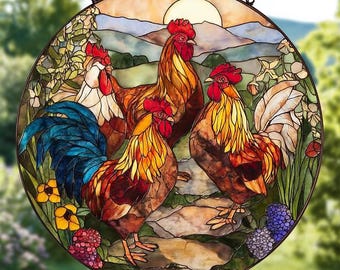 Chickens in Flowers Garden Stained Glass Suncatcher, Farmhouse Window Hanging Decor, Chicken Lover Decor, Outdoor Sun Catcher Decor