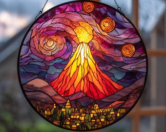 噴火する火山：ステンドグラス風の窓掛け - Etsy 日本