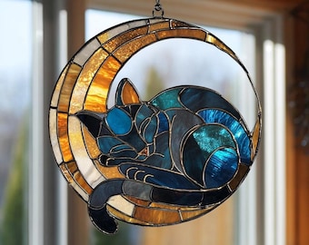 Black Cat Suncatcher, Moon Cat Window Hanging, Cat Lover Gift, Cat Decor for Home, Sun Catcher Window Ornament, Animal Lovers