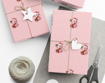 Papier cadeau de Noël rose Ralph Lauren avec ours en peluche, papier cadeau de vacances kawaii mignon, papier à rayures pastel pour enfants, cadeaux esthétiques pour filles