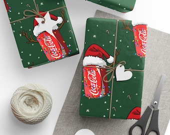 Papier d'emballage de Noël Coca-Cola, emballage de lumières en bois de renne et bonnet de Noel, cadeaux pour lui et les enfants, papier d'emballage cadeau de Noël rigolo