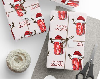 Papier d'emballage de Noël Coca-Cola, papier d'emballage cadeau Joyeux Noël, emballage de lumières et bois de renne bonnet de Noel, cadeaux pour lui et les enfants