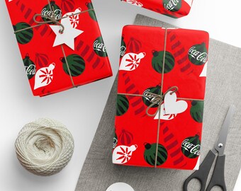Papier d'emballage de décoration de Noël pour amoureux de coca-cola, emballage cadeau boule de Noël rétro, papier d'emballage de style vintage festif coca pour cadeaux de Noël