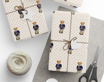 Papier cadeau ours en peluche Ralph Lauren, emballage cadeau classique en peluche pour les fêtes, emballage de Noël esthétique vintage pour préparation, papier cadeau ours mignon d'hiver