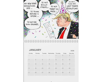 Calendrier mural Trump 2026 drôle de satire politique, parodie mensuelle de bandes dessinées, cadeau bâillon éléphant blanc, décoration murale de bureau, humour patriotique