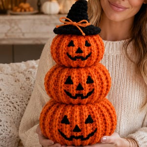Crochet Pumpkin Pattern PDF, Halloween Pumpkin Stack, Witch Hat Jack O Lantern Decor