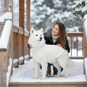 May include: A white Samoyed dog wearing a cream-colored knitted sweater stands on a snowy wooden porch. A person wearing a black jacket and a cream-colored turtleneck sweater is smiling and petting the dog. The background shows a snowy forest.
