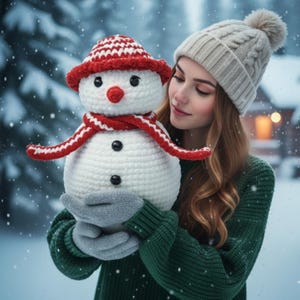 Peut inclure: Un bonhomme de neige en peluche crocheté blanc avec un bonnet rayé rouge et blanc, une écharpe rouge assortie, deux yeux en boutons noirs, un nez rouge et deux boutons noirs sur le corps. Le bonhomme de neige est fait de laine texturée.