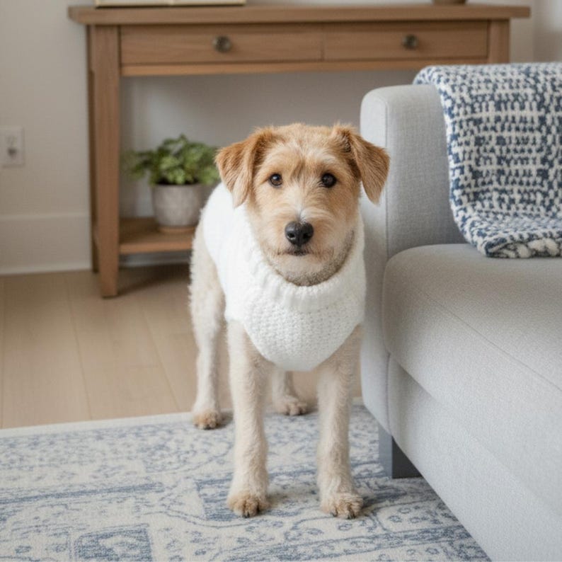May include: A tan and white dog wearing a white, chunky knit sweater. The dog is standing on a patterned blue and white rug in front of a gray couch. A wooden table and a potted plant are in the background.