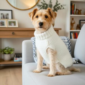 Peut inclure: Un petit chien beige et blanc portant un pull à col roulé crème. Le chien est assis sur un canapé gris dans une pièce bien éclairée. Le pull est en tricot épais, offrant chaleur et style.