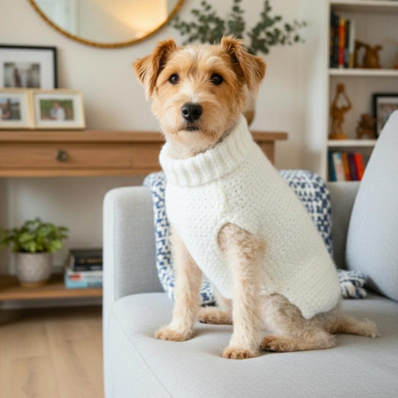 May include: A small, tan and white dog wearing a cream-colored, turtleneck sweater. The dog is sitting on a gray couch in a well-lit room. The sweater is a chunky knit, providing warmth and style.
