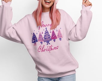 Merry Christmas Trees Sweatshirt for Her | Holiday Pine Tree Design