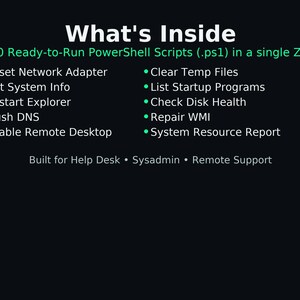 Puede incluir: Fondo oscuro con texto blanco que dice "What's Inside". Enumera 10 scripts de PowerShell listos para usar, incluyendo "Reset Network Adapter" y "Clear Temp Files". El texto también menciona "Built for Help Desk, Sysadmin, Remote Support."
