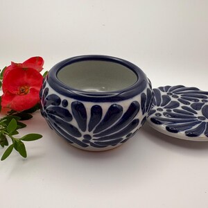 May include: A ceramic jar with a lid, featuring a navy blue and white floral design. The jar is round with a matching lid. A red flower and green leaves are in the background. The jar is likely used for storage or decoration.