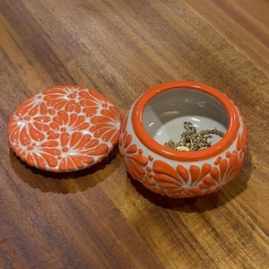 Talavera Pottery Trinket Box | Handmade Mexican Decor Orange