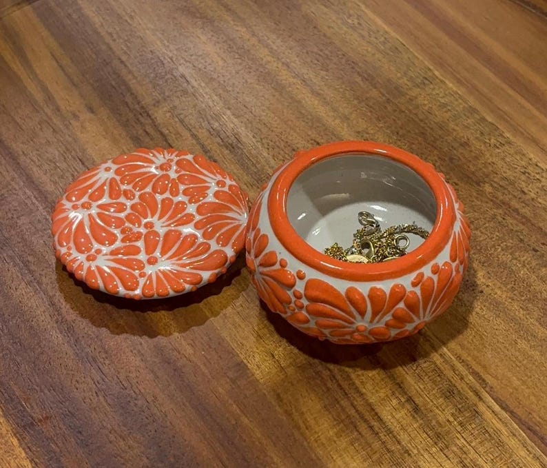 Talavera Pottery Trinket Box | Handmade Mexican Decor Orange