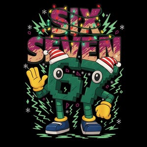 Puede incluir: Gráfico de dibujos animados sobre un fondo negro con las palabras "SIX SEVEN" en una fuente festiva, adornado con luces navideñas. Los números "67" están personificados con ojos, gorros de Papá Noel, guantes amarillos y zapatos azules, creando un diseño navideño lúdico.