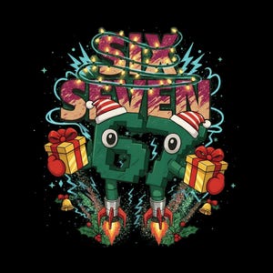 Op de afbeelding: Een feestelijke afbeelding op een zwarte achtergrond met de woorden "SIX SEVEN" in een kleurrijk, gestructureerd lettertype, versierd met kerstverlichting. Twee groene "6" en "7" karakters dragen kerstmutsen, houden cadeaus vast en hebben raketten.