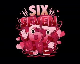 Puede incluir: Gráfico de dibujos animados sobre un fondo negro con las palabras «SIX SEVEN» en una fuente estilizada. Los números 6 y 7 están personificados con ojos, brazos, piernas y zapatos, sobre un fondo rosa y rojo.
