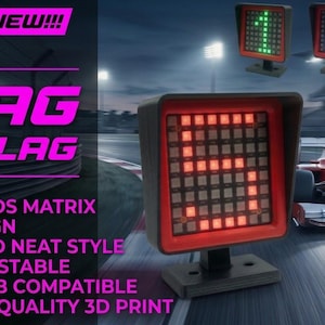 May include: A SIMFLAG device featuring a 64 RGB LED matrix display in a slim housing. The unit shows a red number five on its screen. Text on the image includes NEW!!!, FLAG, SIMFLAG, 64 RGB LEDS MATRIX, SLIM DESIGN, CLEAN AND NEAT STYLE, 100% ADJUSTABLE, NATIVE USB COMPATIBLE, MAXIMUM QUALITY 3D PRINT.