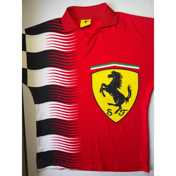 VTG 90s Ferrari Polo Shirt Nice Man Sports Red Medium Racing Checkered Flag