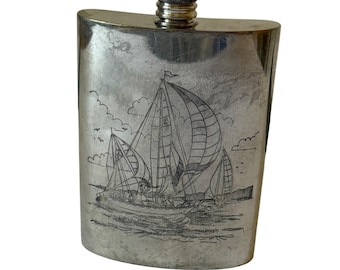 Antike VTG Birks Englisch Zinn Flachmann Segelboot Geätzt Sheffield England