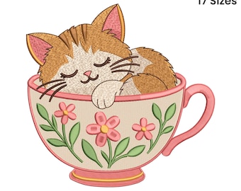 Cat Sleeping in Teacup Embroidery Design, Cat Embroidery File, Pet Embroidery Pattern, Machine Embroidery Design, 17 Sizes, Instant Download