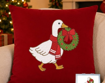 Christmas Goose Embroidery Design, Cute Holiday Wreath Machine Embroidery File, Winter Scarf Pattern, 15 Sizes, Instant Download