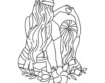 Diseño de bordado de arte lineal de madre e hija, diseño de bordado minimalista, archivo de bordado a máquina, 8 tamaños, PES, DST, EXP, descarga instantánea