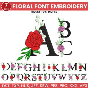 May include: Floral font embroidery design featuring the alphabet letters A, B, and C, each adorned with floral accents. The design includes a full alphabet with red and purple roses, green leaves, and the text "FLORAL FONT EMBROIDERY" and "FROM 2" TO 5" INCHES".