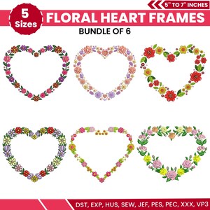 May include: A collection of six floral heart frames, each adorned with colorful flower designs. The frames range from 5 to 7 inches in size and are available in five different sizes. The text reads "Floral Heart Frames, Bundle of 6".