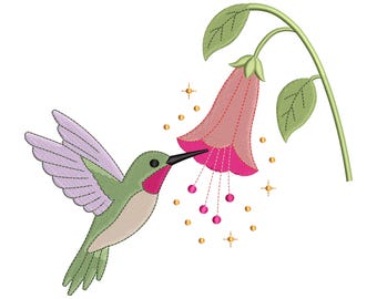 Diseño de bordado a máquina de colibrí, colibrí visitando una campanilla, diseño de pájaro, bordado de flores, PES DST, 17 tamaños, descarga instantánea