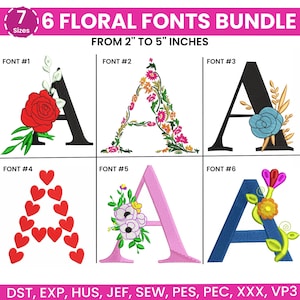 Op de afbeelding: Een digitale bundel van 6 bloemenletters, elk met de letter "A" met unieke bloemmotieven. De lettertypen variëren van 5,08 cm tot 12,7 cm. Inclusief verschillende bestandsformaten voor borduurmachines.