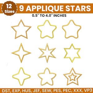 Puede incluir: Nueve diseños de estrellas de apliques dorados en varios estilos y tamaños, que van de 1,3 a 10,2 cm. Las estrellas están dispuestas sobre un fondo blanco. La imagen incluye texto que indica 12 tamaños y varios formatos de archivo.
