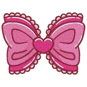 May include: Embroidered pink bow with a heart-shaped center. The bow features a layered design with scalloped edges and a white outline, creating a three-dimensional effect. The bow is a vibrant shade of pink.