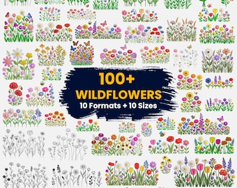 Más de 100 diseños de bordado a máquina de pradera de flores silvestres, jardín silvestre, flores bohemias, paquete de bordado de flores silvestres, 10 tamaños, descarga instantánea.