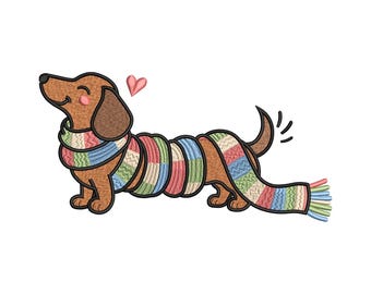 Diseño de bordado a máquina de perro salchicha envuelto en bufanda, archivo de bordado de perro, patrón de bordado de mascota, 17 tamaños, descarga instantánea