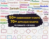 50 Cursive Machine Embroidery Font Bundle, 70 Shapes Applique Embroidery Design Bundle, Monogram Script Alphabet, PES DST, Instant Download