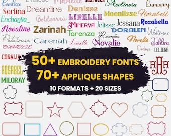 Pakiet 50 czcionek do haftu maszynowego, Pakiet 70 wzorów aplikacji do haftu, Alfabet monogramów, PES DST, Natychmiastowe pobieranie