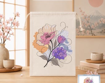 Japanese Floral Embroidery Design, Watercolor Floral Bouquet Pattern, Abstract Flower Digital Embroidery File, 16 Sizes, Instant Download