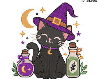 Halloween Witch Cat Embroidery Design, Halloween Embroidery File, Pet Embroidery Pattern, Witch Embroidery Design, 17 Sizes,Instant Download