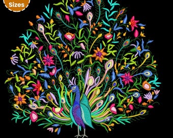 Peacock Machine Embroidery Design, Floral Pattern, Peacock Fanning (PES DST) 5 Sizes, Instant Download
