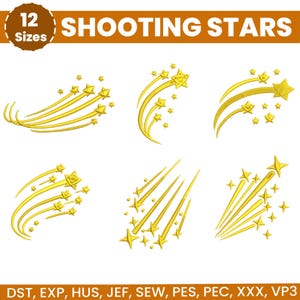 May include: Gold shooting star designs in various styles. The image includes the text "SHOOTING STARS" and "12 Sizes". The bottom of the image includes the text "DST, EXP, HUS, JEF, SEW, PES, PEC, XXX, VP3".