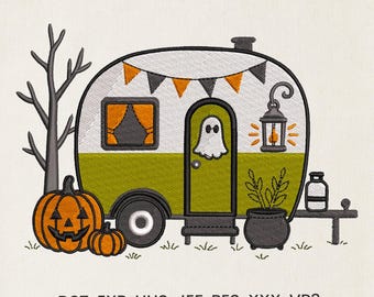 Diseño de bordado de furgoneta camper, archivo de bordado de Halloween, 15 tamaños, descarga instantánea.
