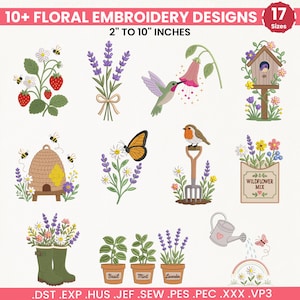 Pode incluir: Uma coleção digital de mais de 10 designs de bordado floral em 17 tamanhos de 5 a 25 cm. Os motivos incluem morangos, lavanda, um beija-flor, uma casa de pássaros, uma colmeia, uma borboleta, um pisco sobre um forcado e ervas aromáticas.