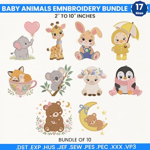 Op de afbeelding: Een digitaal borduurontwerppakket met 10 illustraties van babydieren: olifant, giraf, konijn, eend, vos in kopje, koala, lam, pinguïn en beren. Tekst: BABY ANIMALS EMNBROIDERY BUNDLE 2" TO 10" INCHES, 17 SIZES, BUNDLE OF 10, .DST .EXP .HUS .JEF .SEW .PES .PEC .XXX .VP3.
