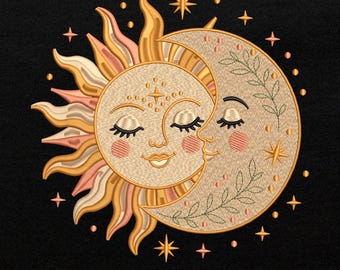 Sun Moon Embroidery Design, Celestial Face Boho Machine Embroidery File, Mystical Sun Moon Pattern, 17 Sizes, Instant Download