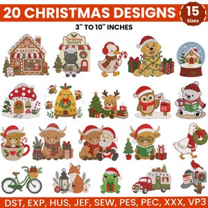 May include: A digital collection of 20 Christmas embroidery designs in 15 sizes from 3 to 10 inches. The set features illustrated characters including a gingerbread bakery, a cat, a duck, a dog, a snow globe, a mushroom house, bees, a reindeer, an owl, a bear, highland cows, Santa, a goose, a bicycle, a fox, a frog, and a camper van.