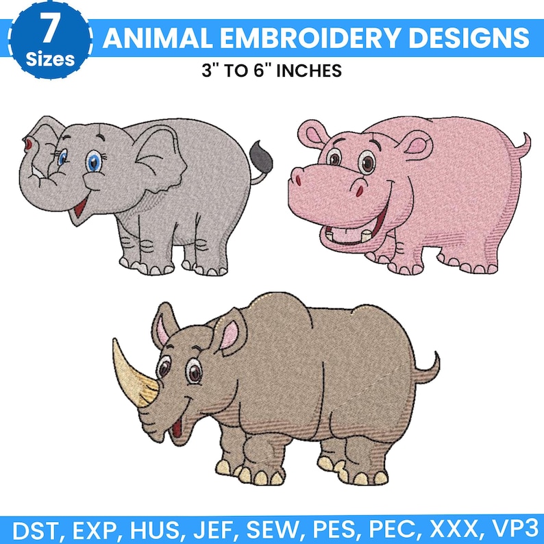 Safari Animals Embroidery Bundle, Zoo Animal Embroidery, Baby Jungle Animals Embroidery, Baby Girl Embroidery, Forest Animal, Farm Animal, 7 sizes from 3 inch to 6 inches and available in 7 different file formats, instant download machine embroidery files