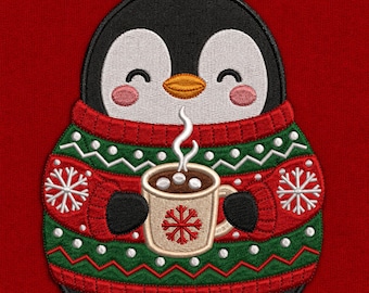 Penguin in Christmas Sweater Embroidery Design, Christmas Machine Embroidery File, Holiday Embroidery Pattern, 17 Sizes, Instant Download